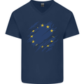 Torn EU Flag European Union Flag Football Mens V-Neck Cotton T-Shirt Navy Blue