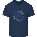 Torn EU Flag European Union Flag Football Mens V-Neck Cotton T-Shirt Navy Blue