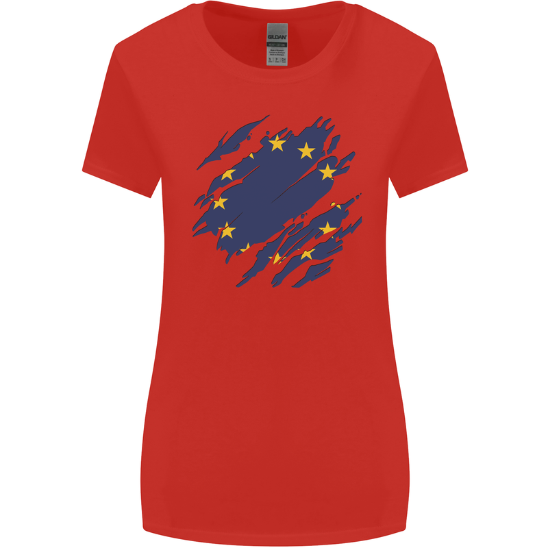 Torn EU Flag European Union Flag Football Womens Wider Cut T-Shirt Red