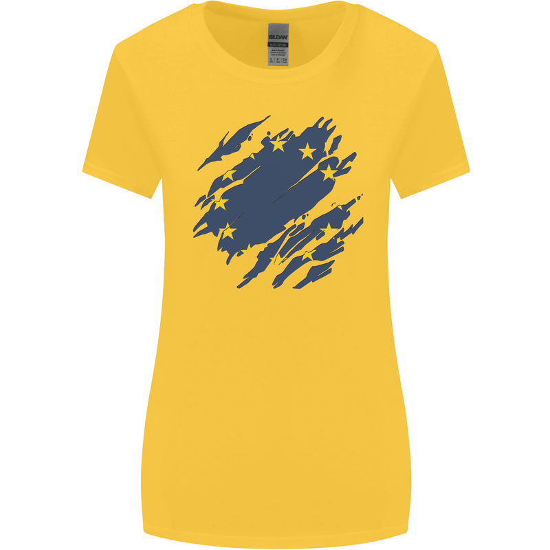 Torn EU Flag European Union Flag Football Womens Wider Cut T-Shirt Yellow