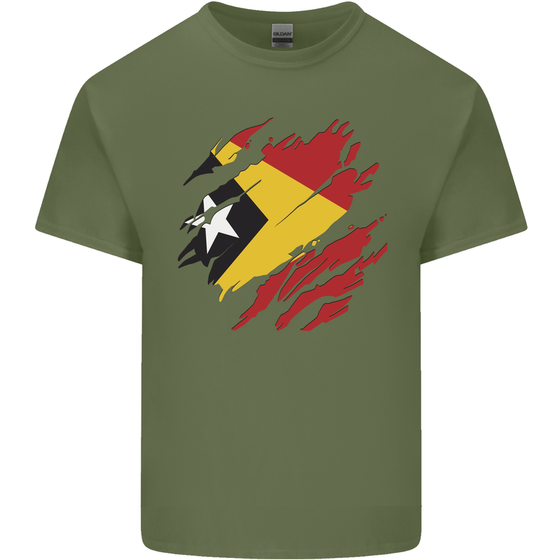 Torn East Timor Flag Day Football Mens Cotton T-Shirt Tee Top Military Green