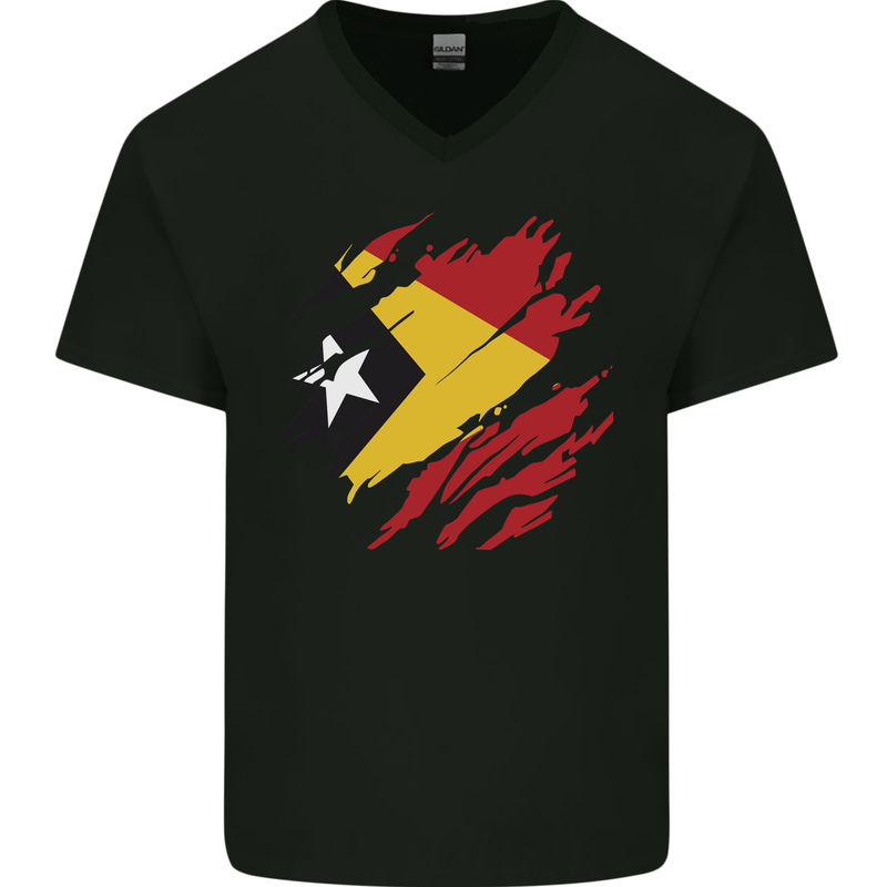 Torn East Timor Flag Day Football Mens V-Neck Cotton T-Shirt Black