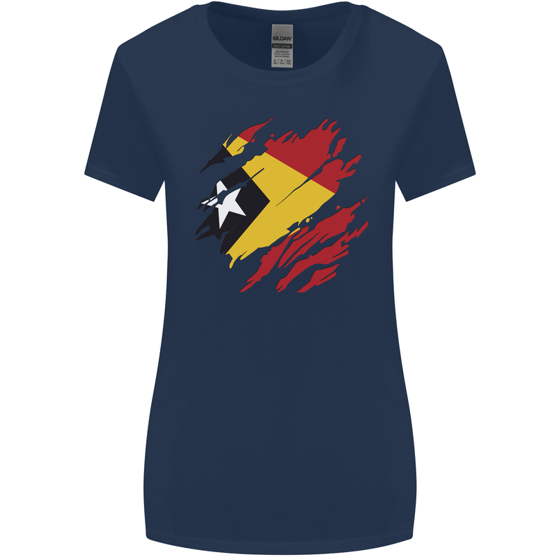 Torn East Timor Flag Day Football Womens Wider Cut T-Shirt Navy Blue