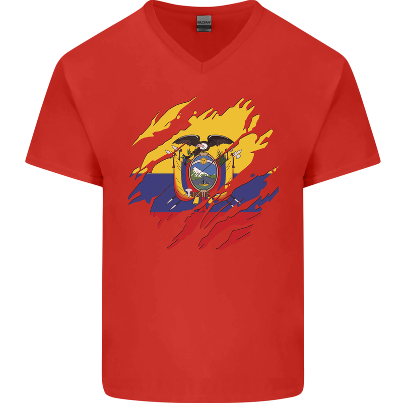 Torn Ecuador Flag Ecuadorian Day Football Mens V-Neck Cotton T-Shirt Red