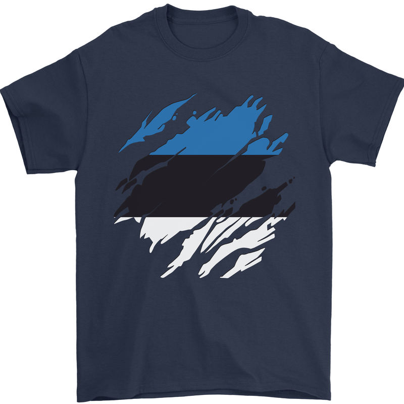 Torn Estonia Flag Estonian Day Football Mens T-Shirt 100% Cotton Navy Blue