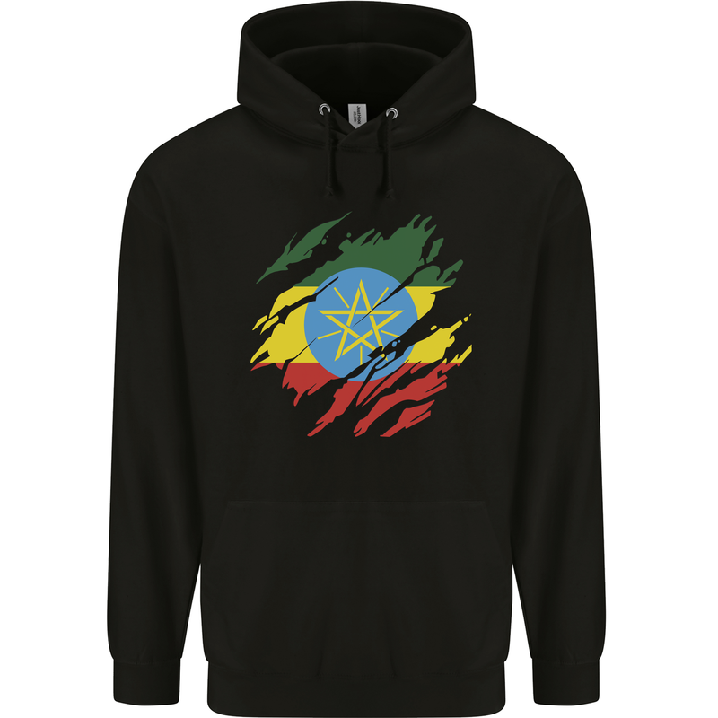 Torn Ethiopia Flag Ethiopian Day Football Childrens Kids Hoodie Black