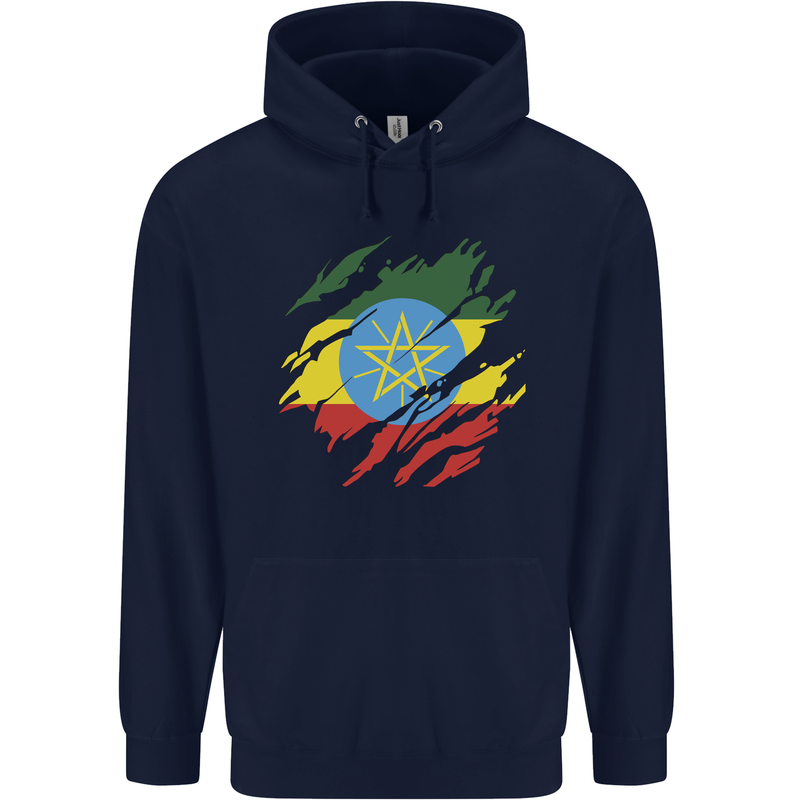 Torn Ethiopia Flag Ethiopian Day Football Mens 80% Cotton Hoodie Navy Blue