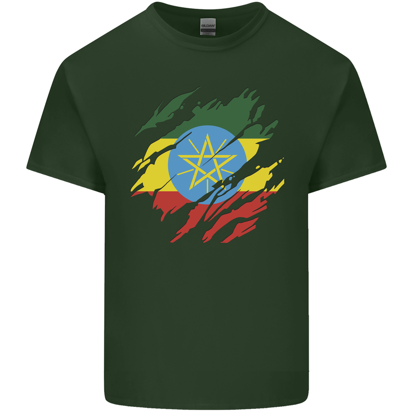 Torn Ethiopia Flag Ethiopian Day Football Mens Cotton T-Shirt Tee Top Forest Green