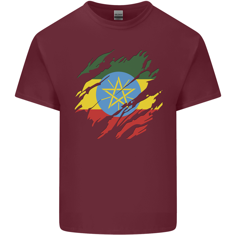 Torn Ethiopia Flag Ethiopian Day Football Mens Cotton T-Shirt Tee Top Maroon
