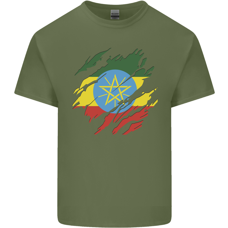 Torn Ethiopia Flag Ethiopian Day Football Mens Cotton T-Shirt Tee Top Military Green