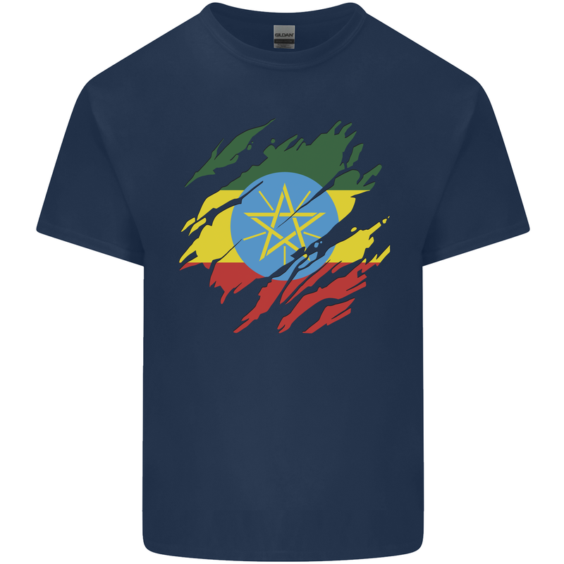 Torn Ethiopia Flag Ethiopian Day Football Mens Cotton T-Shirt Tee Top Navy Blue