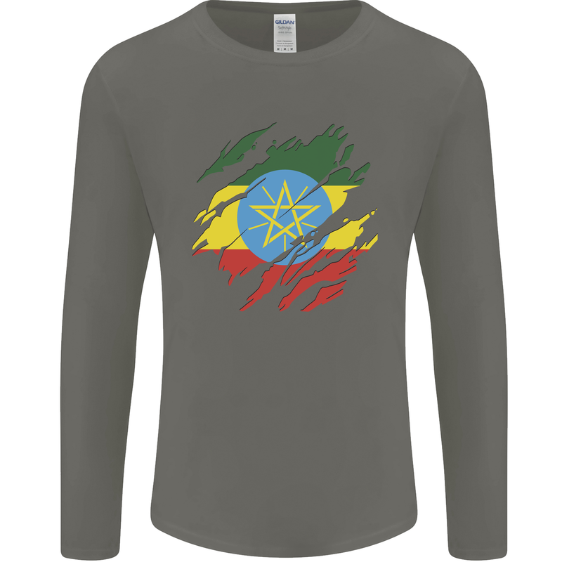 Torn Ethiopia Flag Ethiopian Day Football Mens Long Sleeve T-Shirt Charcoal