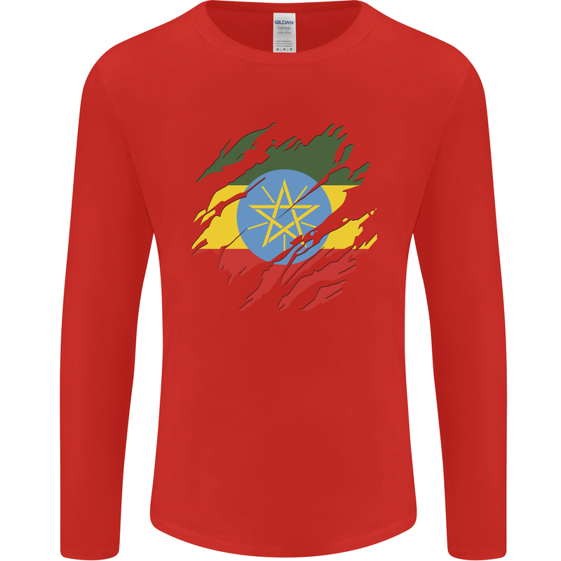 Torn Ethiopia Flag Ethiopian Day Football Mens Long Sleeve T-Shirt Red