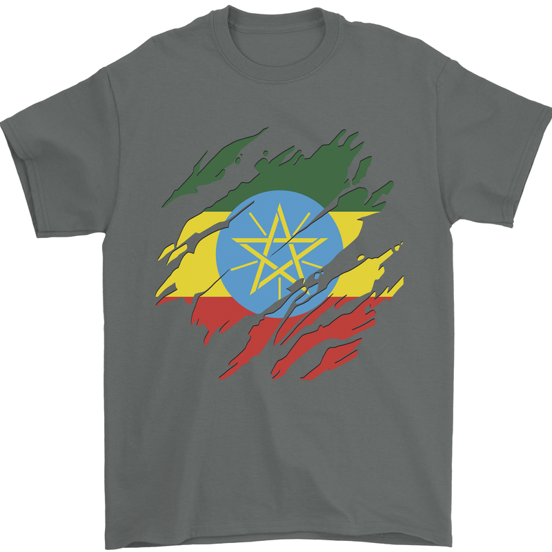 Torn Ethiopia Flag Ethiopian Day Football Mens T-Shirt 100% Cotton Charcoal