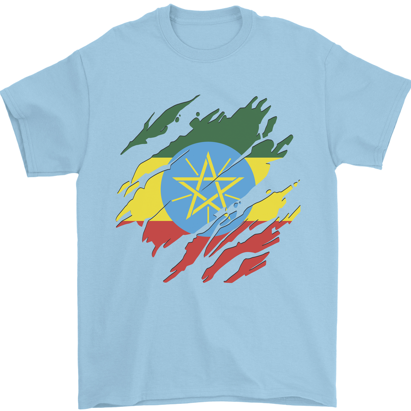 Torn Ethiopia Flag Ethiopian Day Football Mens T-Shirt 100% Cotton Light Blue