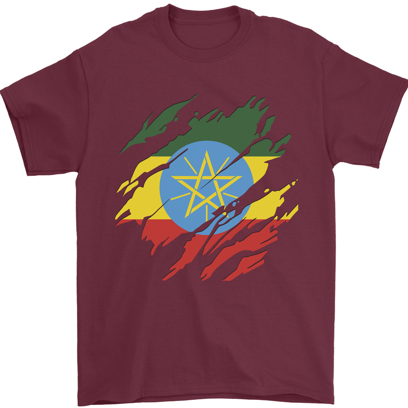 Torn Ethiopia Flag Ethiopian Day Football Mens T-Shirt 100% Cotton Maroon