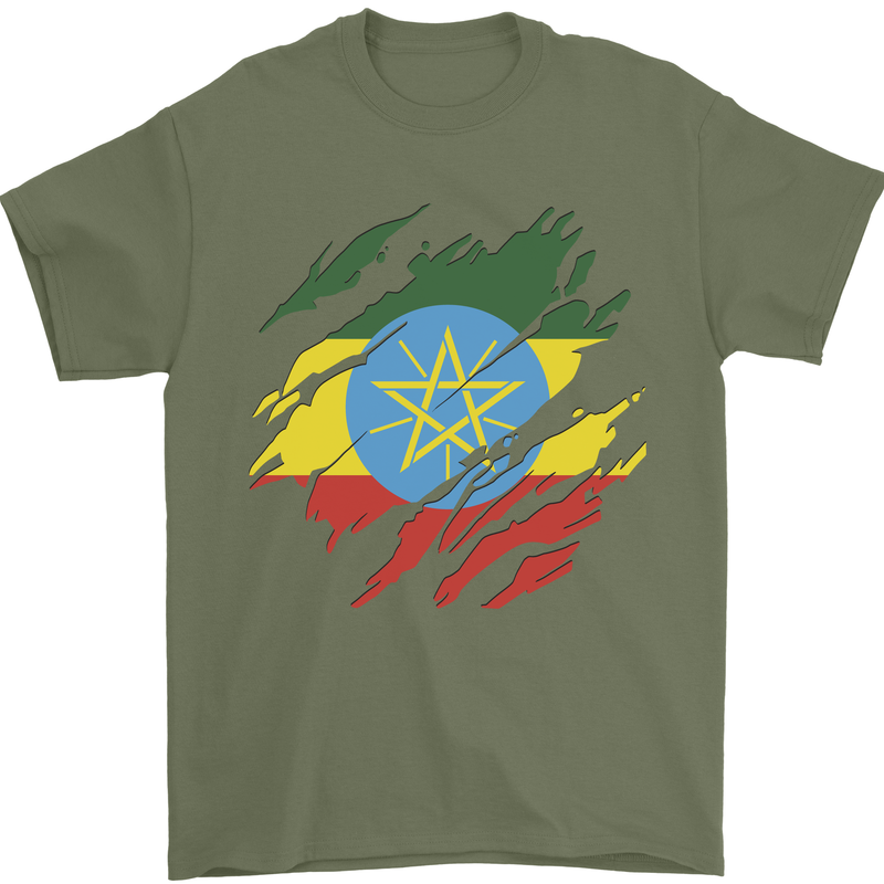Torn Ethiopia Flag Ethiopian Day Football Mens T-Shirt 100% Cotton Military Green