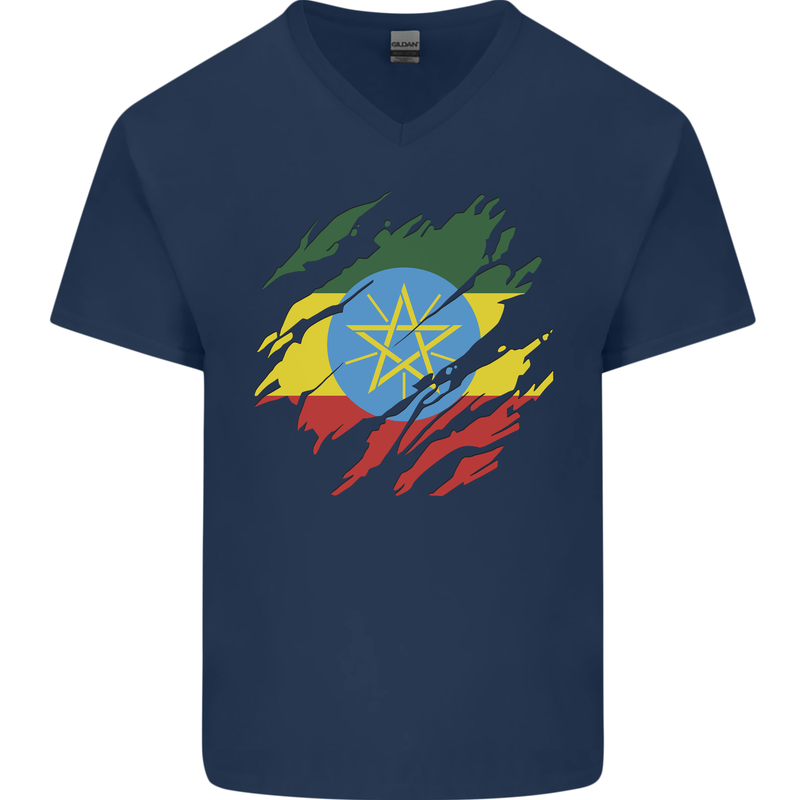 Torn Ethiopia Flag Ethiopian Day Football Mens V-Neck Cotton T-Shirt Navy Blue