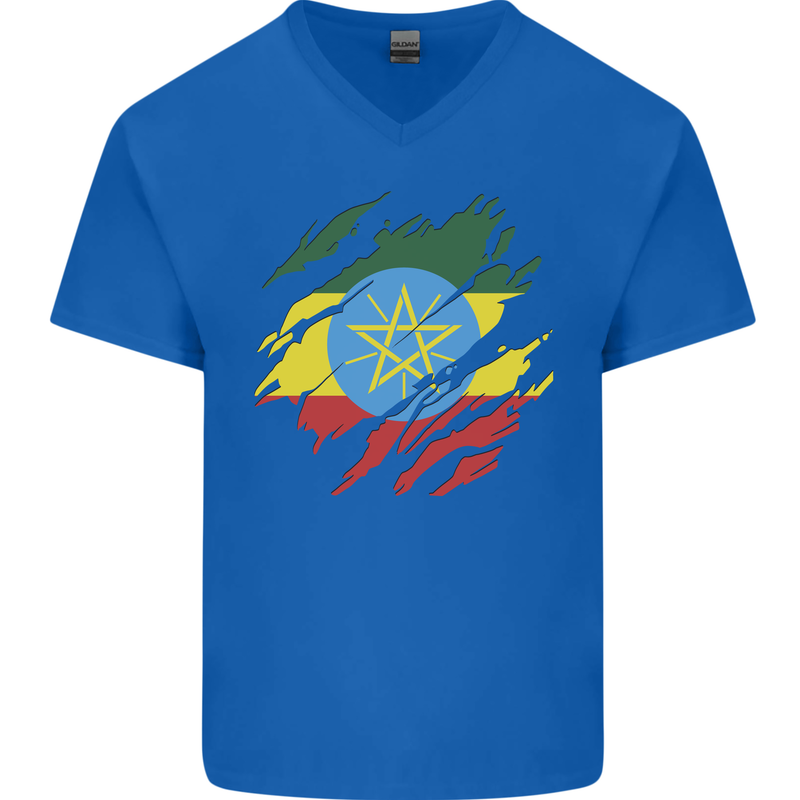 Torn Ethiopia Flag Ethiopian Day Football Mens V-Neck Cotton T-Shirt Royal Blue