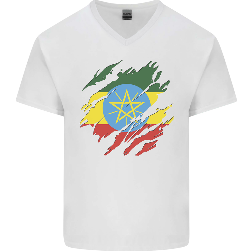 Torn Ethiopia Flag Ethiopian Day Football Mens V-Neck Cotton T-Shirt White