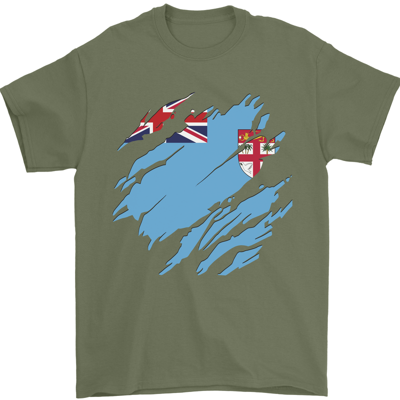 Torn Fiji Flag Fijian Day Football Mens T-Shirt 100% Cotton Military Green