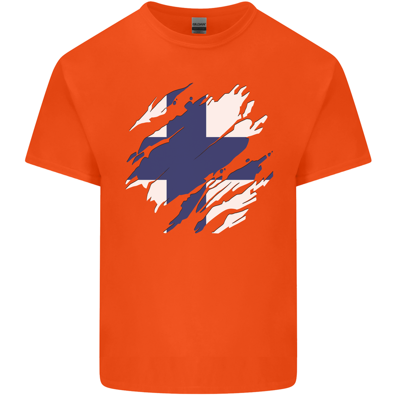 Torn Finland Flag Finnish Day Football Mens Cotton T-Shirt Tee Top Orange
