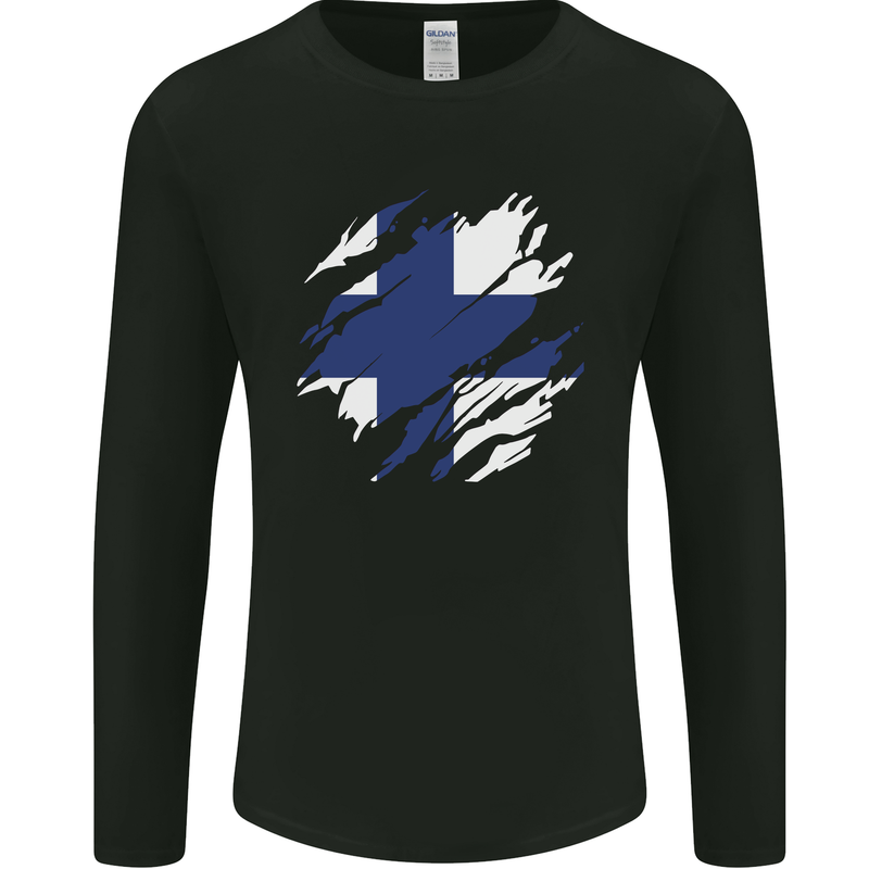 Torn Finland Flag Finnish Day Football Mens Long Sleeve T-Shirt Black