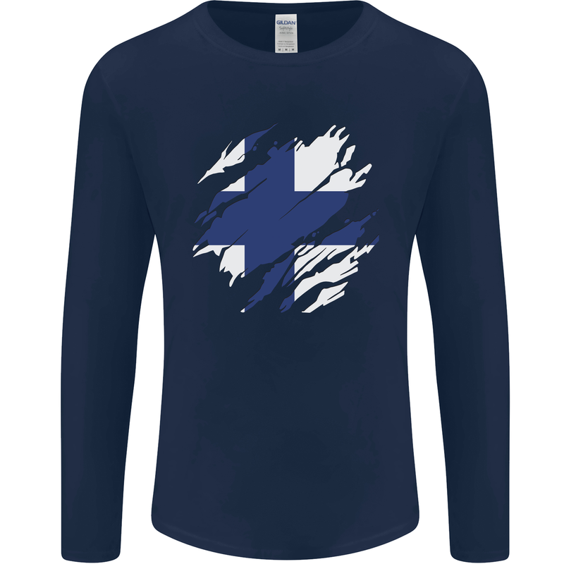 Torn Finland Flag Finnish Day Football Mens Long Sleeve T-Shirt Navy Blue