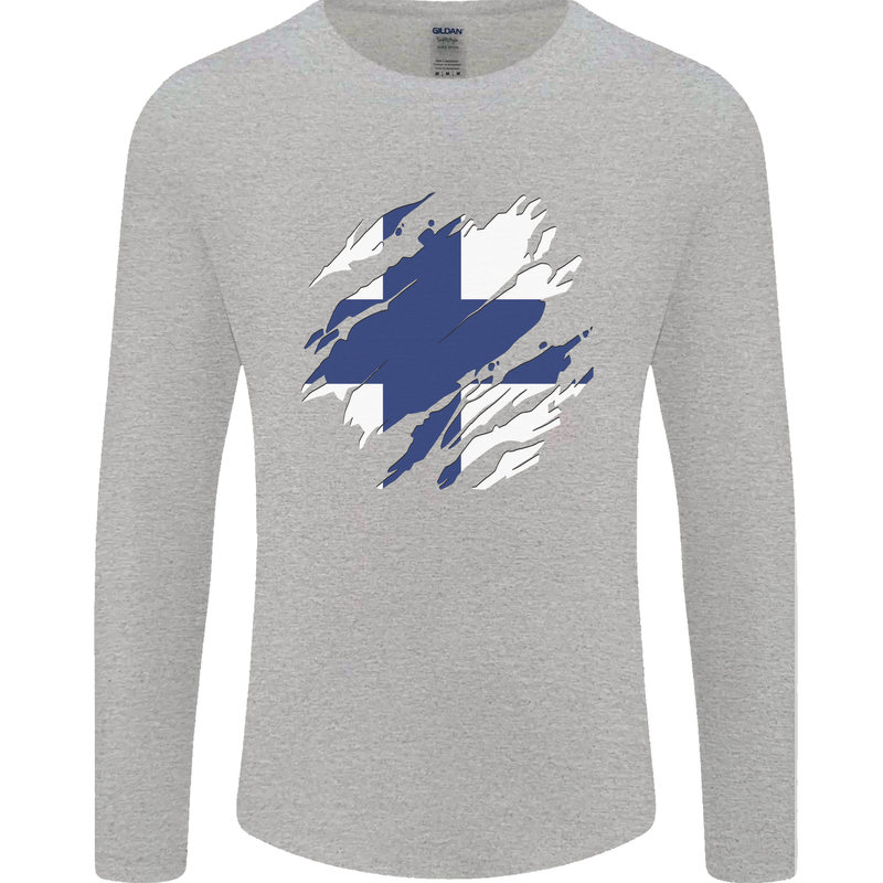 Torn Finland Flag Finnish Day Football Mens Long Sleeve T-Shirt Sports Grey