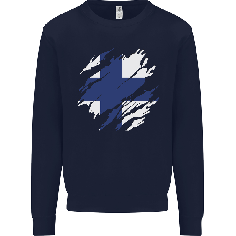 Torn Finland Flag Finnish Day Football Mens Sweatshirt Jumper Navy Blue