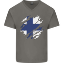 Torn Finland Flag Finnish Day Football Mens V-Neck Cotton T-Shirt Charcoal