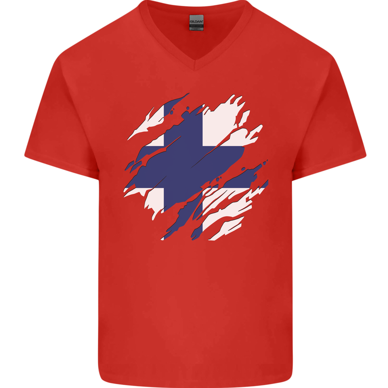 Torn Finland Flag Finnish Day Football Mens V-Neck Cotton T-Shirt Red