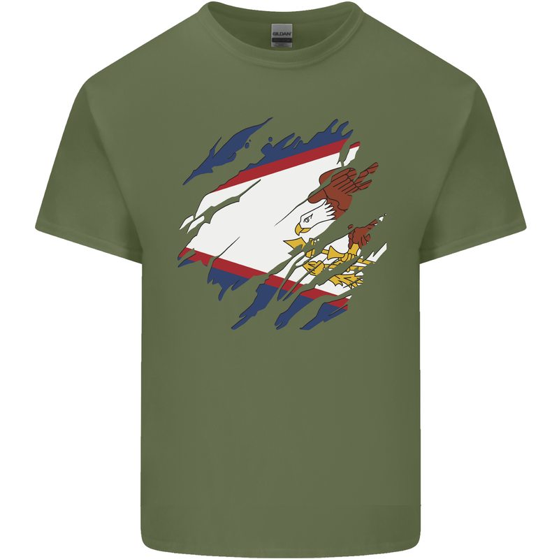 Torn Flag American Samoa Mens Cotton T-Shirt Tee Top Military Green
