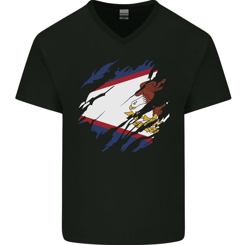 Torn Flag American Samoa Mens V-Neck Cotton T-Shirt Black