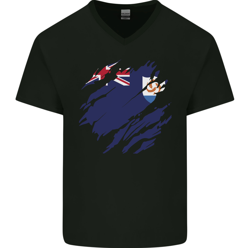 Torn Flag Anguilla Mens V-Neck Cotton T-Shirt Black