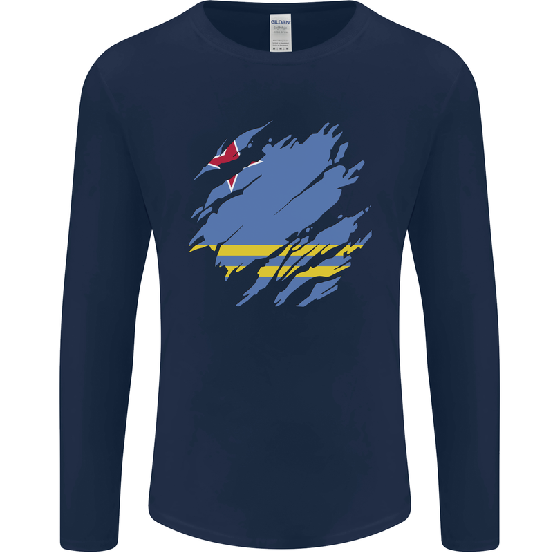 Torn Flag Aruba Mens Long Sleeve T-Shirt Navy Blue