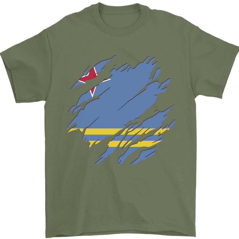 Torn Flag Aruba Mens T-Shirt 100% Cotton Military Green