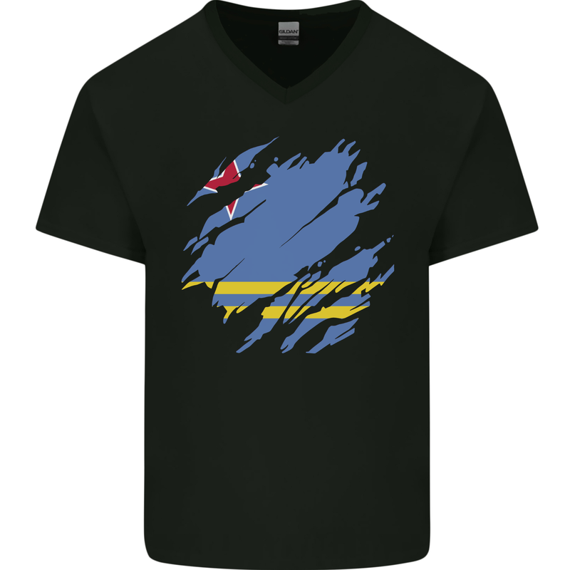 Torn Flag Aruba Mens V-Neck Cotton T-Shirt Black