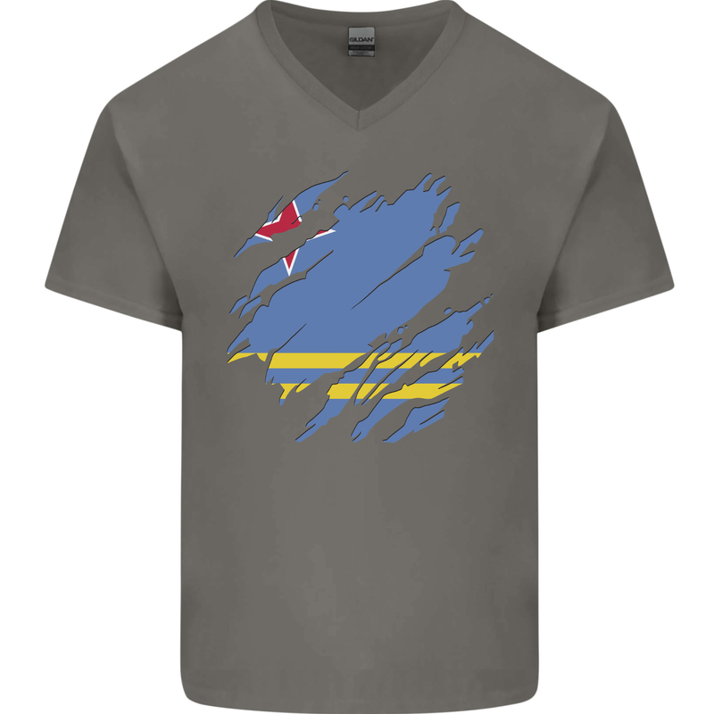 Torn Flag Aruba Mens V-Neck Cotton T-Shirt Charcoal