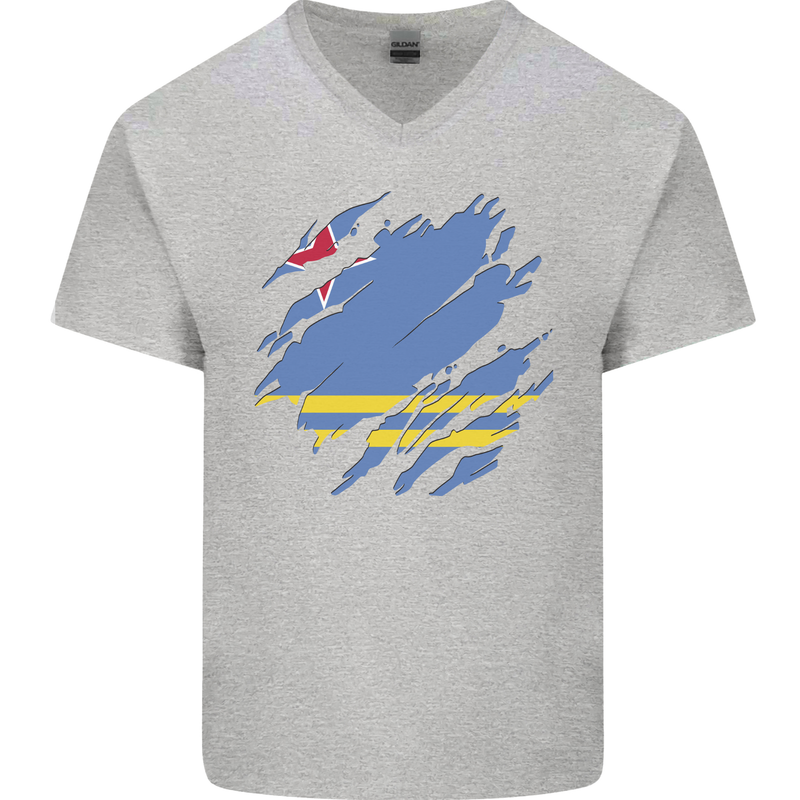 Torn Flag Aruba Mens V-Neck Cotton T-Shirt Sports Grey