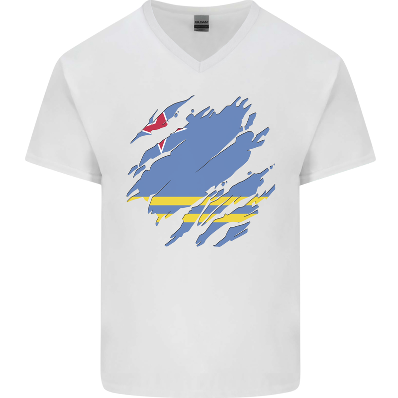 Torn Flag Aruba Mens V-Neck Cotton T-Shirt White