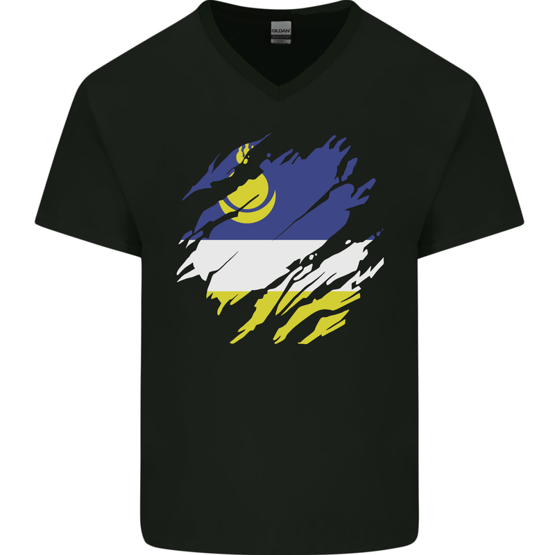 Torn Flag Buryatia Mens V-Neck Cotton T-Shirt Black