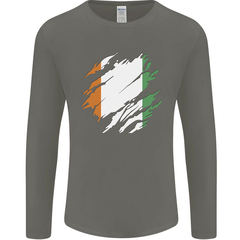 Torn Flag Cote d' Ivoire Mens Long Sleeve T-Shirt Charcoal