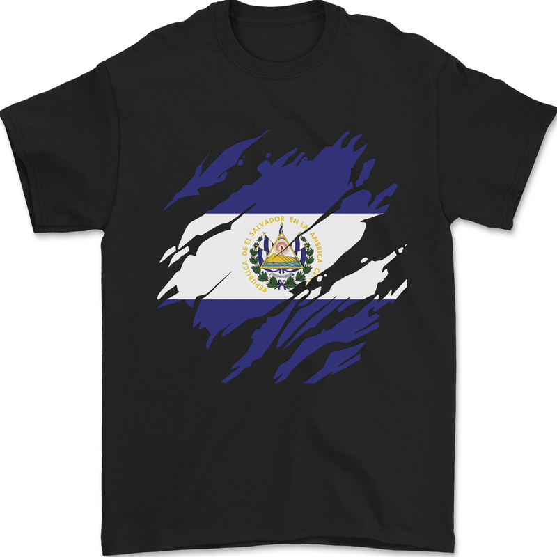 Torn Flag El Salvador Mens T-Shirt 100% Cotton Black