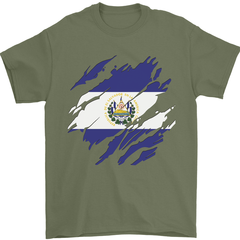 Torn Flag El Salvador Mens T-Shirt 100% Cotton Military Green