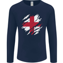 Torn Flag England English Mens Long Sleeve T-Shirt Navy Blue