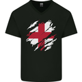 Torn Flag England English Mens V-Neck Cotton T-Shirt Black