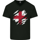Torn Flag England English Mens V-Neck Cotton T-Shirt Black