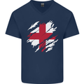 Torn Flag England English Mens V-Neck Cotton T-Shirt Navy Blue