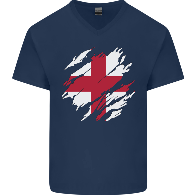 Torn Flag England English Mens V-Neck Cotton T-Shirt Navy Blue